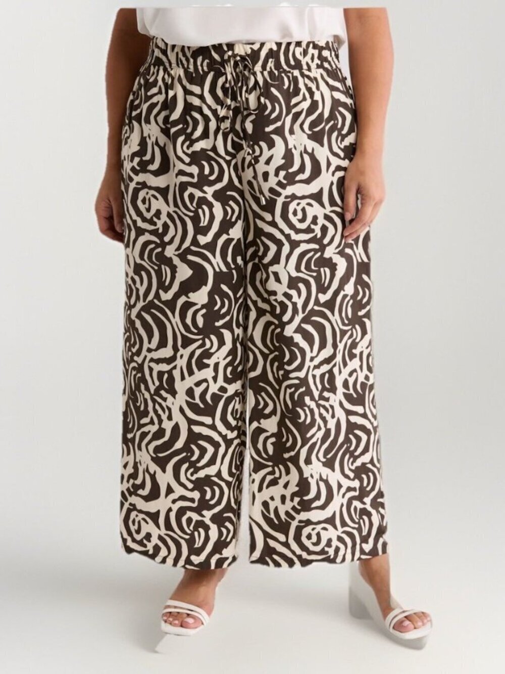 NEW Adrianna Papell Wide Leg Drawstring Pants Women's Plus Size 1X Brown/Cream